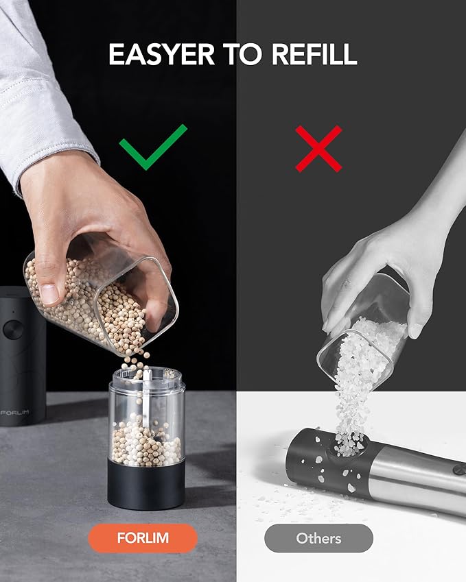 FORLIM Electric Salt and Pepper Grinder Set, USB Rechargeable, Automatic Salt Pepper Mill Grinder with Dust Cover, One-Button Control, Adjustable Coarseness, White LED Light (2 Packs, Black) - Image 6