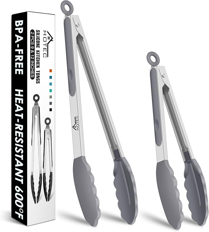 HOTEC Premium Stainless Steel Locking Kitchen Tongs with Silicon Tips, Set of 2-9" and 12" Light Grey by Hotec