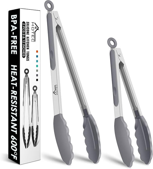 HOTEC Premium Stainless Steel Locking Kitchen Tongs with Silicon Tips, Set of 2-9" and 12" Light Grey by Hotec