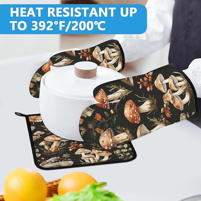 Watercolor Forest Mushroom Oven Mitts and Pot Holders Sets Heat Resistant 4Pcs Potholders Oven Gloves Hot Pads for Kitchen Baking Cooking Grilling BBQ