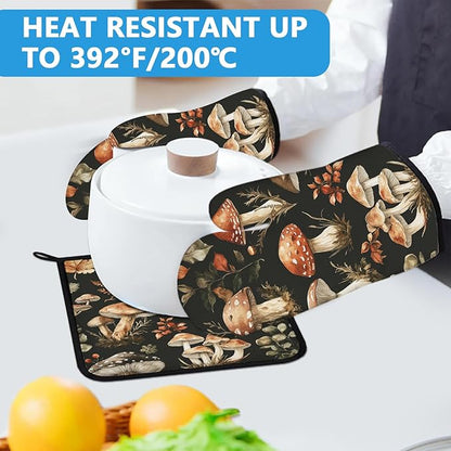 Watercolor Forest Mushroom Oven Mitts and Pot Holders Sets Heat Resistant 4Pcs Potholders Oven Gloves Hot Pads for Kitchen Baking Cooking Grilling BBQ