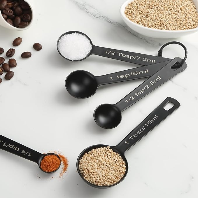 Stainless Steel Measuring Spoons Set of 5, Metal Measuring Cups for Liquid/Food/Kitchen/Baking (Black) - Image 6