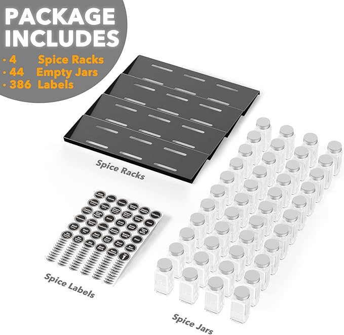 SpaceAid Spice Drawer Organizer with 44 Spice Jars, 386 Spice Labels, 4 Tier Seasoning Rack Tray Insert for Kitchen Drawers, 20.25" Wide x 17.5" Deep - Image 5