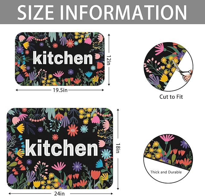 Dish Drying Mat for Kitchen Counter 2 Pack with Non-Slip Rubber Backing - Heat-Resistant Absorbent Coffee Bar Mat, Dish Rack Mat, Black Kitchen Flowers Dish Drying Mats 18x24+19.5x12 inch
