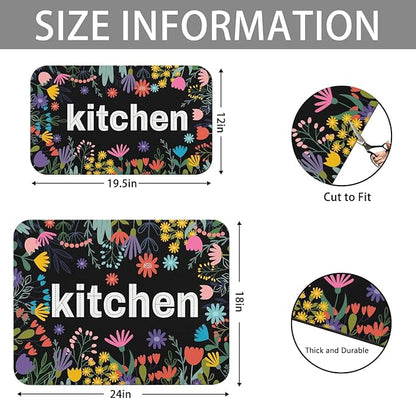 Dish Drying Mat for Kitchen Counter 2 Pack with Non-Slip Rubber Backing - Heat-Resistant Absorbent Coffee Bar Mat, Dish Rack Mat, Black Kitchen Flowers Dish Drying Mats 18x24+19.5x12 inch