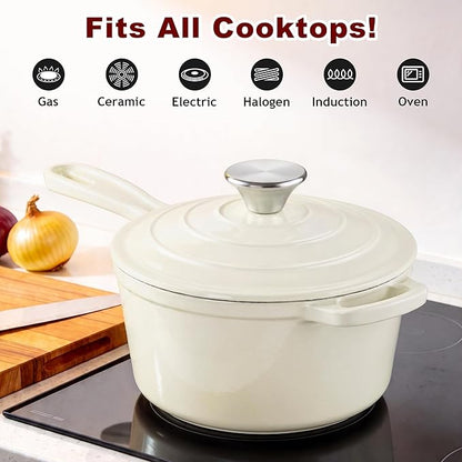 1Qt Enameled Cast Iron Sauce Pan, Leonyo Dutch Oven Pot with Lid, Non Stick Cooking Simmer Pots Induction Kitchen Cookware for All Cooktops Baking Bread, Soup, Ramen - Up to 500°F, Cream White