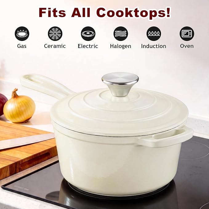 2Qt Enameled Cast Iron Sauce Pan, Leonyo Dutch Oven Pot with Lid, Non Stick Cooking Simmer Pots Induction Kitchen Cookware for All Cooktops Baking Bread, Soup, Ramen - Up to 500°F, Cream White