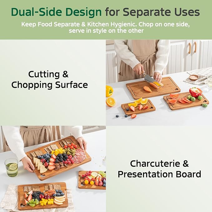 Bamboo Cutting Boards for Kitchen(Set of 3), Wood Cutting Board with Wood Storage Stand, Charcuterie & Chopping Board for Vegetables and Meat, with Deep Juice Groove, Ideal Kitchen Gifts - Image 3