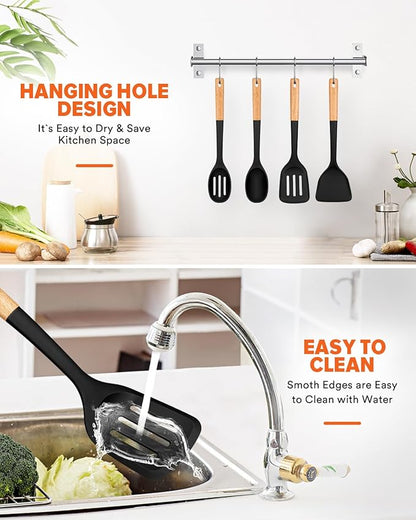 Silicone Cooking Utensils Set, Perfectly Angled for Frying, Mixing,Serving,Draining,Turning and Stirring, BPA-Free Matte Silicone, Wood Handles, Safe for Nonstick Cooking Surfaces,4 Pack (Black) - Image 6