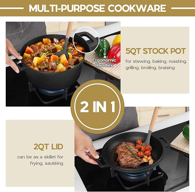 TeamFar Pre-season Cast Iron Dutch Oven with Skillet Lid, 2-in-1 Cast Iron Bread Pan Skillet Cookware with Dual Handles for Bread Baking, Frying, Camping, 5QT - Image 3