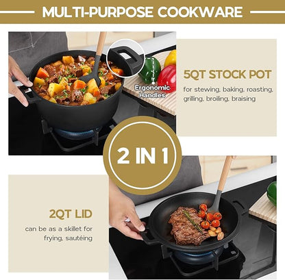 TeamFar Pre-season Cast Iron Dutch Oven with Skillet Lid, 2-in-1 Cast Iron Bread Pan Skillet Cookware with Dual Handles for Bread Baking, Frying, Camping, 5QT - Image 3