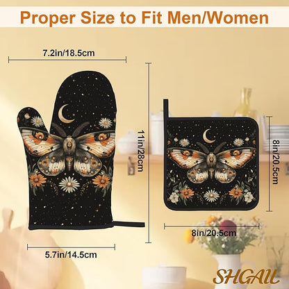 Oven Mitts and Hot Pads Set - Boho Moth Design, Heat Resistant Cute Pot Holders for Kitchen, Baking Gifts for Women
