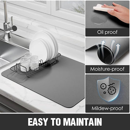 Dish Drying Mat for Kitchen Counter Super Absorbent Drainer Mats with Non-slip Rubber Backed Hide Stain Heat Resistant Easy to Clean Dish Rack Mat (Gray, L-24"x16") - Image 3