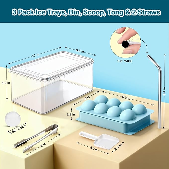 1.8in Large Ice Cube Molds - Big Round Whiskey Plastic Ice Trays for Freezer with Bucket, Scoop, Tongs, 2 Straws - Easy to Fill & Release, Bourbon Cocktail (3 pack, 8 Balls) - Image 3