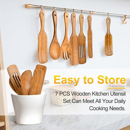 Spurtles Kitchen Tools Wooden, 7Pcs Wooden Spoons for Cooking, Natural Premium Spatula Set, Heat Resistant Cooking Utensil for Nonstick Cookware, Spurtle for Sourdough Starter - Image 6