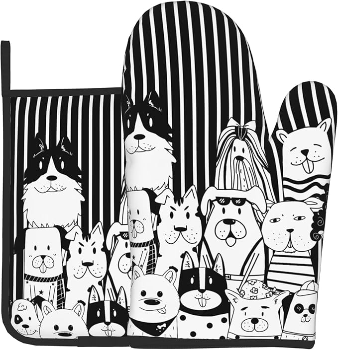 Dog Pot Holders and Oven Mitts - Black Cooking Gloves Hot Pads for Kitchen Fun Chef Gifts for Cooking Lover Cooks by DZGlobal