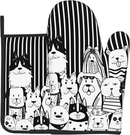 Dog Pot Holders and Oven Mitts - Black Cooking Gloves Hot Pads for Kitchen Fun Chef Gifts for Cooking Lover Cooks by DZGlobal