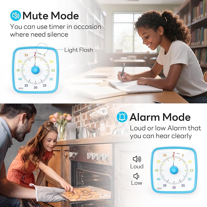 Yunbaoit Visual Timer with Night Light, 60-Minute Rainbow Countdown Timer for Kids and Adults, Time Management Tool for Home, School, Kitchen, or Office (Blue)