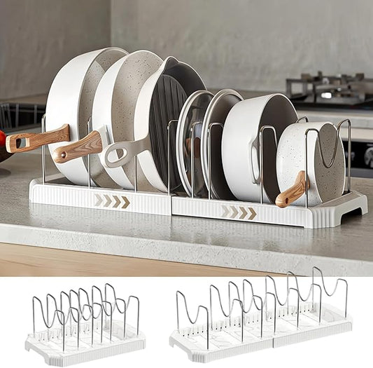 Expandable Pot and Pan Organizer Rack for Kitchen Cabinet or Under Sink, Adjustable Lid Holder with 7 Dividers, Space-Saving Storage for Renters, Small Homes, and Busy Cooks, White