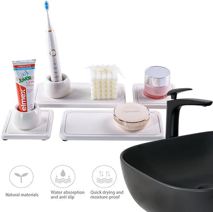 NiuYichee 2 Pcs Water Absorbing Stone Trays, Kitchen/Bathroom Sink Soap Dish, Diatomite Tray Used for Hand Soap & Cosmetic Bottles in The Modern Home, 4" W x 8.3" L, White