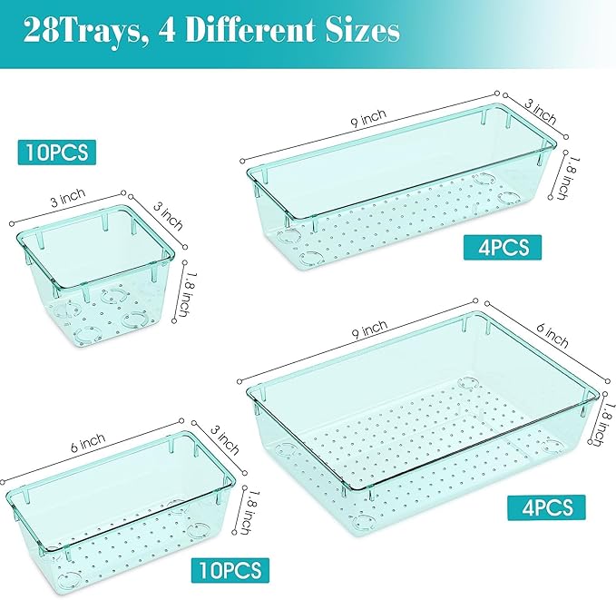 StorMiracle 28 PCS Clear Plastic Drawer Organizers Set, 4 Size Desk Drawer Organizer Trays for Makeup, Jewelry, Kitchen Utensils, Gadgets and Office Accessories, Sea Blue - Image 2