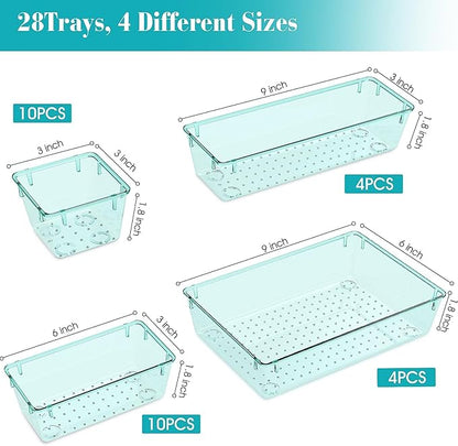 StorMiracle 28 PCS Clear Plastic Drawer Organizers Set, 4 Size Desk Drawer Organizer Trays for Makeup, Jewelry, Kitchen Utensils, Gadgets and Office Accessories, Sea Blue - Image 2