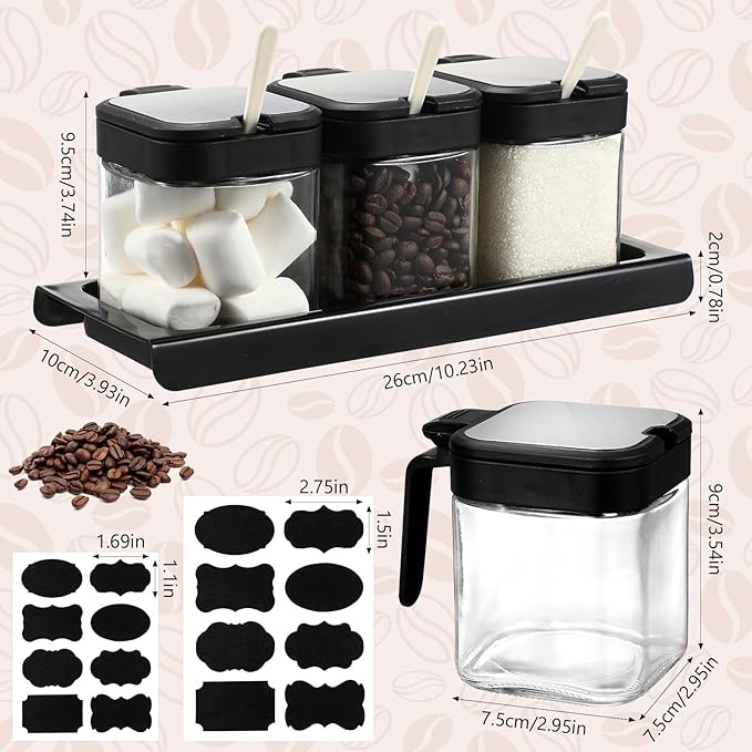 Suclain 3 Pcs Glass Coffee Containers Coffee Station Organizer Set, Airtight Bean Storage Jars with Shelf,labels,spoon, Base and Pen,for Sugar, Candy, Oats, Nuts(Black) - Image 3
