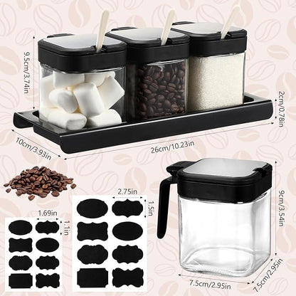 Suclain 3 Pcs Glass Coffee Containers Coffee Station Organizer Set, Airtight Bean Storage Jars with Shelf,labels,spoon, Base and Pen,for Sugar, Candy, Oats, Nuts(Black) - Image 3