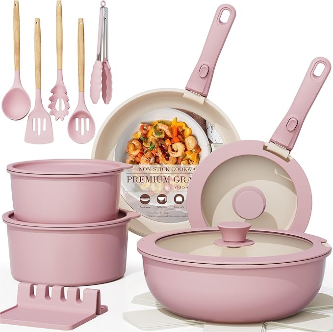 Astercook 21 Pcs Pots and Pans Set Non Stick, Ceramic Cookware Set Detachable Handle, RV Kitchen Cooking Set Removable Handles, Oven Safe, Induction Ready, Stackable, Pink, Mothers Day Gifts by Astercook