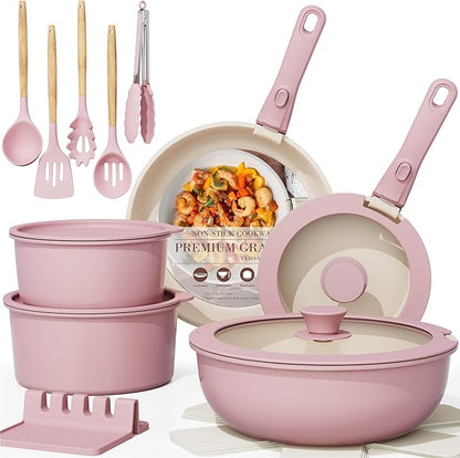 Astercook 21 Pcs Pots and Pans Set Non Stick, Ceramic Cookware Set Detachable Handle, RV Kitchen Cooking Set Removable Handles, Oven Safe, Induction Ready, Stackable, Pink, Mothers Day Gifts by Astercook