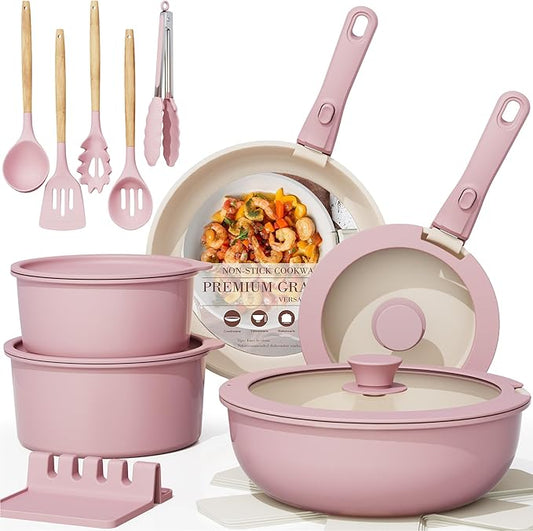 Astercook 21 Pcs Pots and Pans Set Non Stick, Ceramic Cookware Set Detachable Handle, RV Kitchen Cooking Set Removable Handles, Oven Safe, Induction Ready, Stackable, Pink, Mothers Day Gifts by Astercook