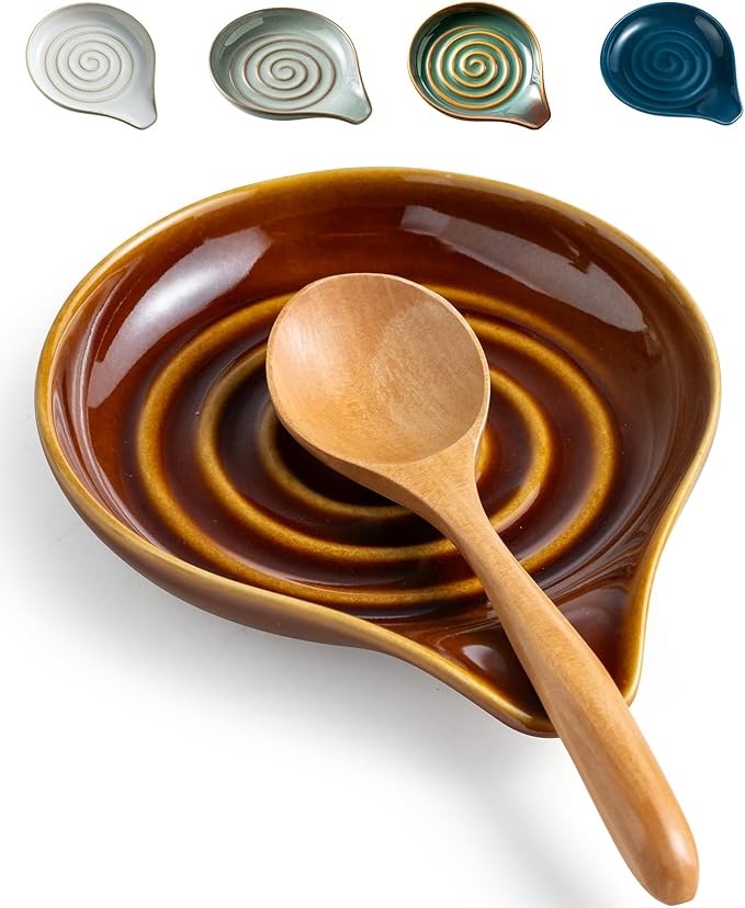 LAUCHUH Spoon Rest, 5 inches Large Ceramic Spoon Rest for Stove Top Cooking Spoon Holder for Mother's Day, Kitchen Counter Spatula Holder for Tongs, Ladle, Fork, Heat-Resistant, Dark Brown