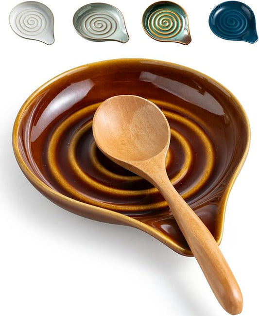 LAUCHUH Spoon Rest, 5 inches Large Ceramic Spoon Rest for Stove Top Cooking Spoon Holder for Mother's Day, Kitchen Counter Spatula Holder for Tongs, Ladle, Fork, Heat-Resistant, Dark Brown