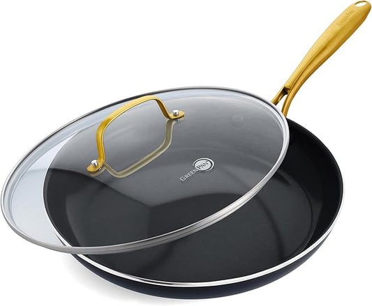 GreenPan Swift Cookware 12" Frying Pan Skillet with Glass Lid, Healthy Ceramic Nonstick Coating, Heavy-Gauge Aluminum, Gold-Tone Stainless Steel Handle, PFAS-Free, Dishwasher & Oven Safe, Black