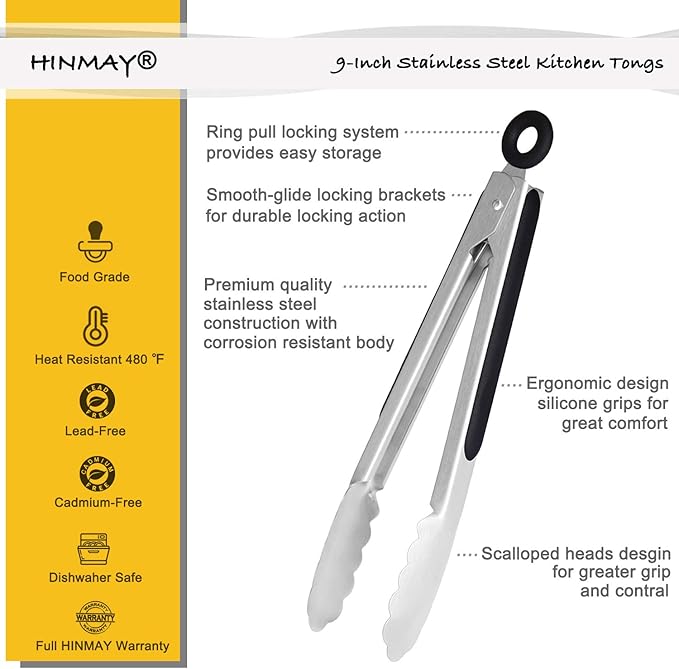 HINMAY Stainless Steel Kitchen Tongs 9-Inch Cooking Tongs, Set of 3 - Image 2