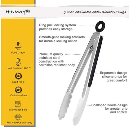 HINMAY Stainless Steel Kitchen Tongs 9-Inch Cooking Tongs, Set of 3 - Image 2