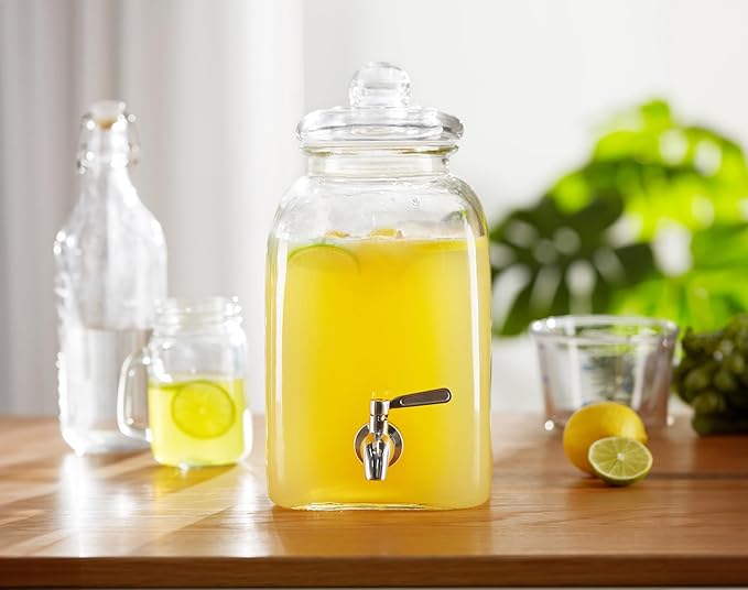Kook Glass Drink Dispenser, with Leak-Proof Stainless Steel Spigot and Customizable Label Tag, Clear Mason Jar, Beverage Storage for Fridge, for Water, Iced Tea, Sangria, Lemonade, 1.25 Gallon