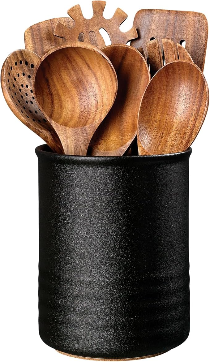 ABRUTY Utensil Holder, 6.7" Ceramic Kitchen Utensil Crock for Countertop Cooking, Modern Utensil Caddy Jar Organizer for Farmhouse Kitchen Counter Décor, Textured Black by ABRUTY