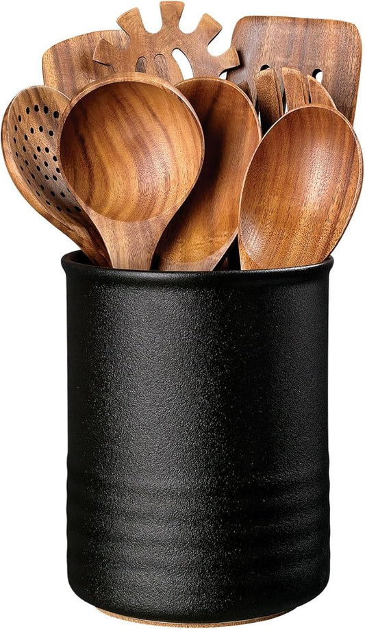 ABRUTY Utensil Holder, 6.7" Ceramic Kitchen Utensil Crock for Countertop Cooking, Modern Utensil Caddy Jar Organizer for Farmhouse Kitchen Counter Décor, Textured Black by ABRUTY