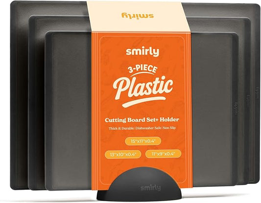SMIRLY Plastic Cutting Board Set with Holder 3 Pieces, Non-Slip Dishwasher Safe Chopping Boards for Kitchen, Dark Grey by Smirly