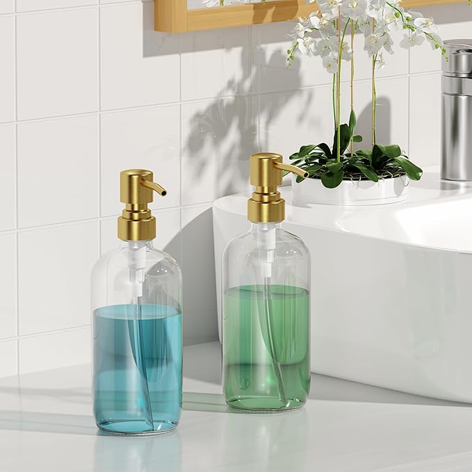 AmazerBath Soap Dispenser, 2 Pack Glass Soap Dispenser with Pump Stainless Steel, 17 Oz Clear Gold Hand Soap Dispensers for Bathroom and Kitchen - Image 7