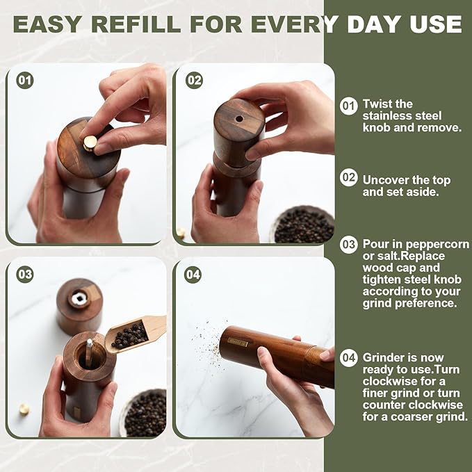 Wooden Salt and Pepper Grinder Set 8 Inch Manual Salt and Pepper Mill with Tray Adjustable Coarseness Refillable Wood Grinders with Gold Bottle Label for Kitchen Christmas Home Gift(Wood Color) - Image 6