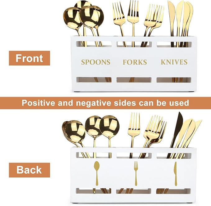 Ayiaren Wood Flatware Silverware Caddy White Cutlery Holder Kitchen Utensils Holder for Party Wooden Silverware Organizer for Countertop Knife Spoon and Fork Holder Table Utensil Caddy Organizer - Image 4
