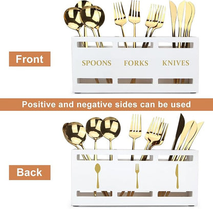 Ayiaren Wood Flatware Silverware Caddy White Cutlery Holder Kitchen Utensils Holder for Party Wooden Silverware Organizer for Countertop Knife Spoon and Fork Holder Table Utensil Caddy Organizer - Image 4