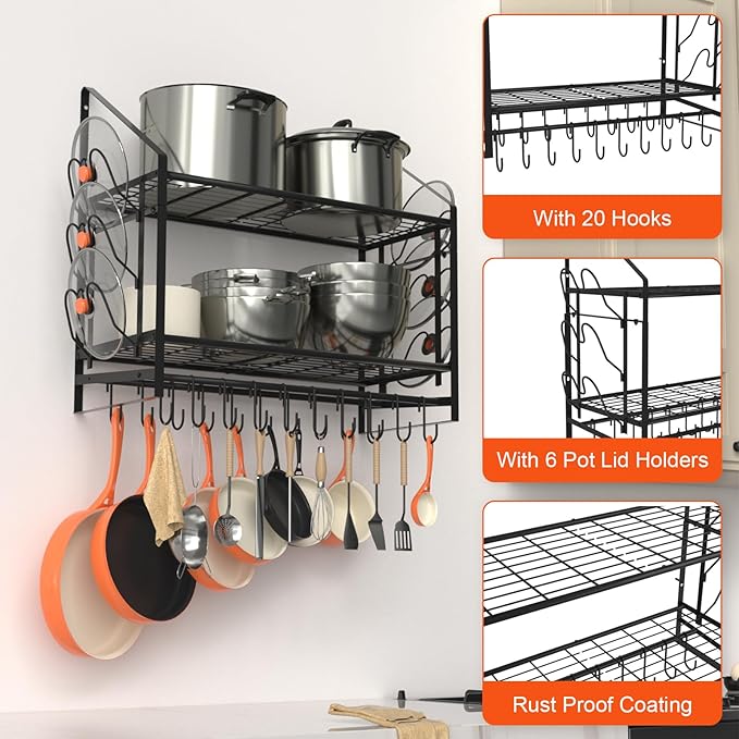 VyGrow 28 Inch Pot Rack Wall Mounted, 2 Tier Pots and Pans Organizer with 20 Hooks and 6 Pot Lid Holders, Heavy Duty Steel Pot and Pan Hanger for Kitchen Cookware Utensils Storage 34.7" Lx13 Wx26.4 H - Image 5
