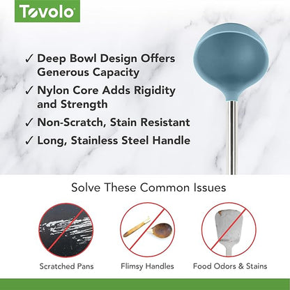 Tovolo Silicone Ladle with Stainless Steel Handle Blue Slate Soup Ladle Large, Dishwasher Safe Heat Resistant BPA Silicone Ladle Deep Spoon with Reinforced Nylon Core for Soup, Stew, Sauce & Punch - Image 3