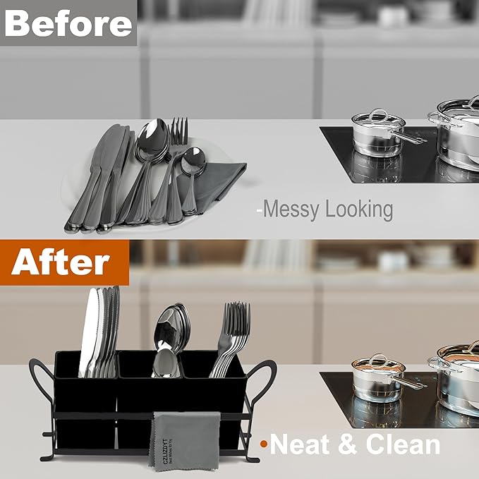 Czlizdyt Cutlery Holder with Drain Holes, Silverware Caddy for Party Countertop, 3pcs Bins Set Utensil Holders for Spoon and Fork, Black - Image 6