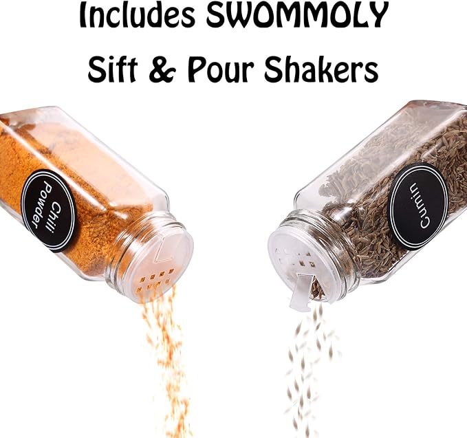 SWOMMOLY Spice Rack Organizer with 36 Empty Square Spice Jars, 396 Spice Labels with Chalk Marker and Funnel Complete Set, for Countertop, Cabinet or Wall Mount,Silver - Image 5