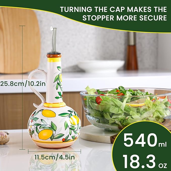 Ceramic Olive Oil Dispenser Bottle – 18.3 oz Oil Cruet with Spout and Handle, Lemon Pattern, 10.2” Tall – Non-Drip Pourer for Kitchen Counter, Salad Dressing, Vinegar, Decorative Oil Container - Image 2
