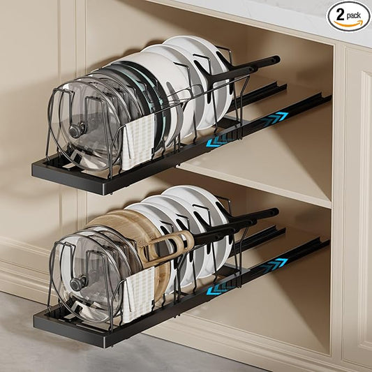Magheo 2 Pack Pots and Pans Organizer Under Cabinet, 22" Deep Expandable Pull Out Pot Lid Organizer and Storage with 10 Adjustable Dividers No Drill Pot and Pan Holder Rack with Handle Bracket(Black) by COMFORTYOURHOME